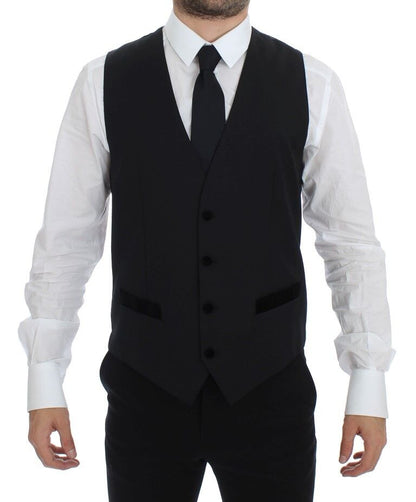 Exquisite black wool formal dress vest with full front button closure