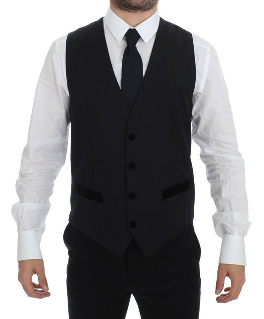 Exquisite black wool formal dress vest with full front button closure