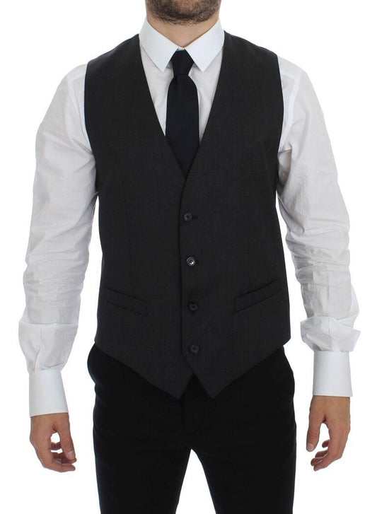 Dolce & Gabbana Elegant Gray Wool Formal Dress Vest with full front button closure and adjustable back waist strap