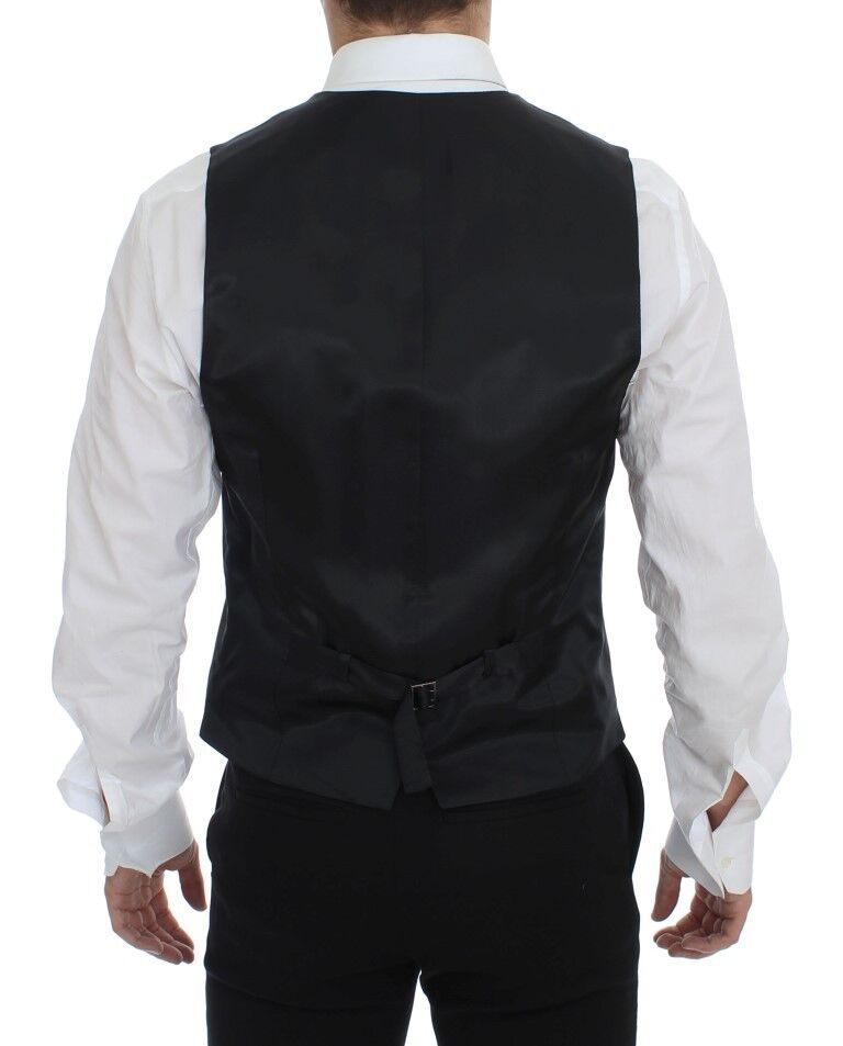 Gray dress vest with a classic stripe pattern exuding timeless sophistication and discreet logo details adding an understated touch of luxury, perfect for layering over professional or formal attire