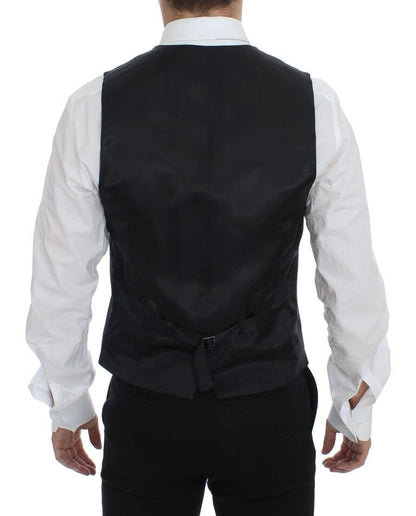 Gray dress vest with a classic stripe pattern exuding timeless sophistication and discreet logo details adding an understated touch of luxury, perfect for layering over professional or formal attire