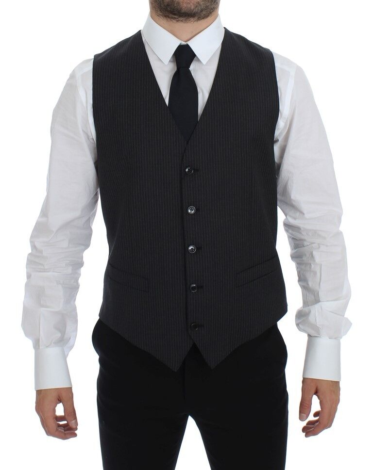 Dolce & Gabbana Elegant Gray Striped Dress Vest made of 100% Authentic, brand new with tags, wool material, and featuring a single-breasted design with adjustable back waist strap for a tailored fit and a polished button closure