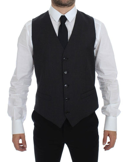 Dolce & Gabbana Elegant Gray Striped Dress Vest made of 100% Authentic, brand new with tags, wool material, and featuring a single-breasted design with adjustable back waist strap for a tailored fit and a polished button closure