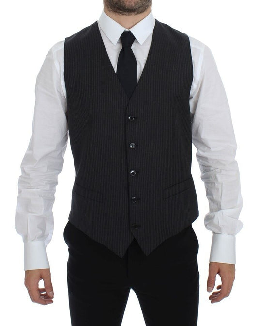 Dolce & Gabbana Elegant Gray Striped Dress Vest made of 100% Authentic, brand new with tags, wool material, and featuring a single-breasted design with adjustable back waist strap for a tailored fit and a polished button closure