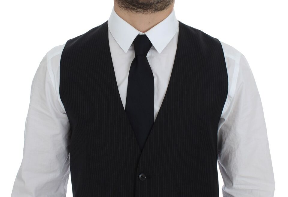Tailored to perfection, this black striped single-breasted vest from the MainLine collection