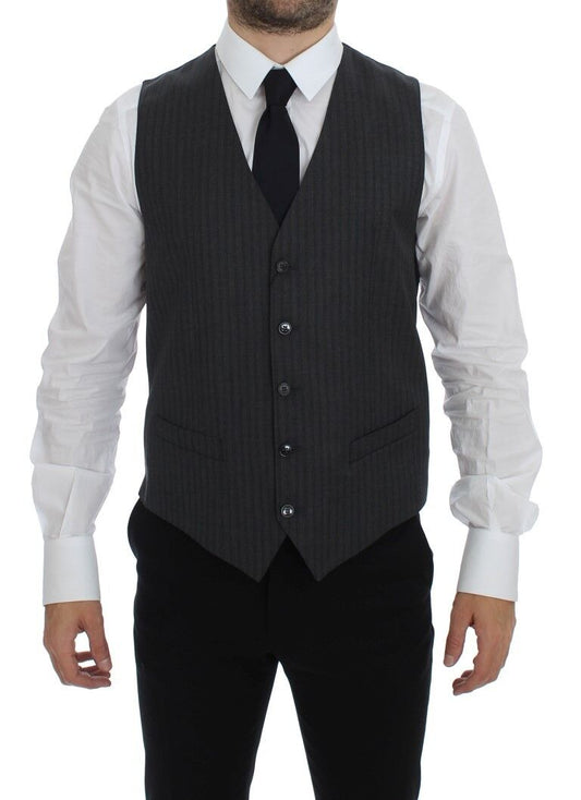 Dolce & Gabbana Elegant Gray Striped Wool Dress Vest front view with full button closure and logo details
