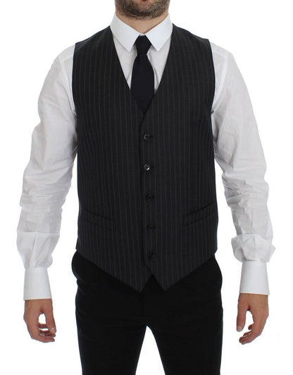 Dolce & Gabbana Gray Striped Wool Dress Vest with Single-Breasted Design and Adjustable Back Waist Strap