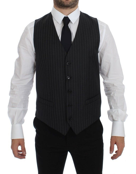 Dolce & Gabbana Gray Striped Wool Dress Vest with Single-Breasted Design and Adjustable Back Waist Strap