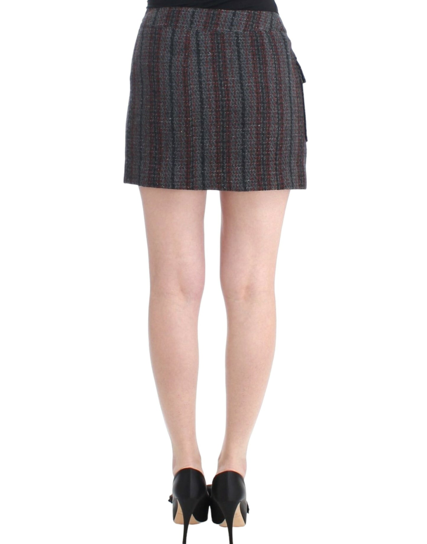 Premium wool blend mini skirt in elegant gray color with red accents