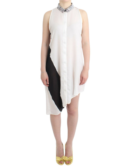 Sleeveless white Costume National Asymmetric Hem Button-Up Shirt Dress with front button closure