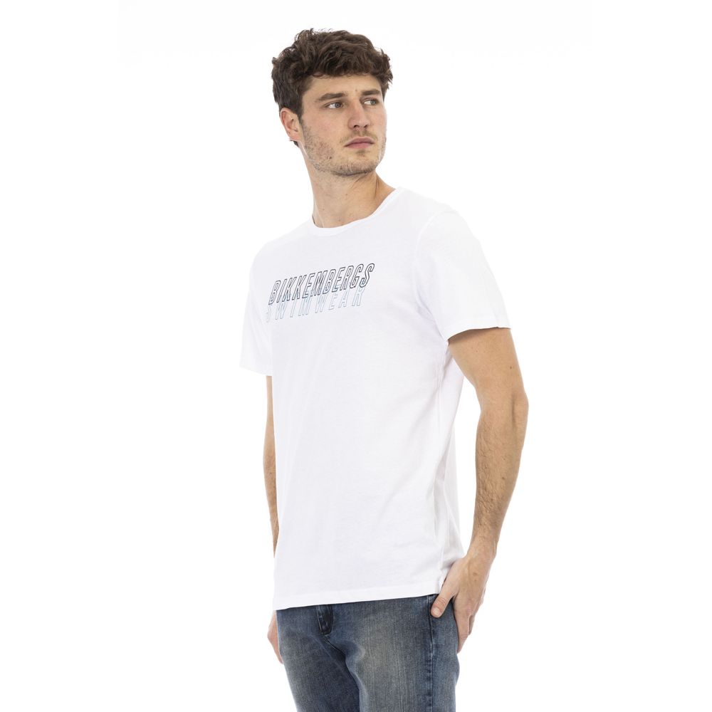 Bikkembergs White Cotton Men T-Shirt showcasing a striking front print