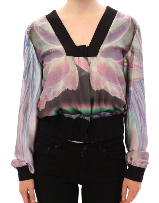 Multicolor silk blouse jacket by Sergei Grinko with intricate floral pattern