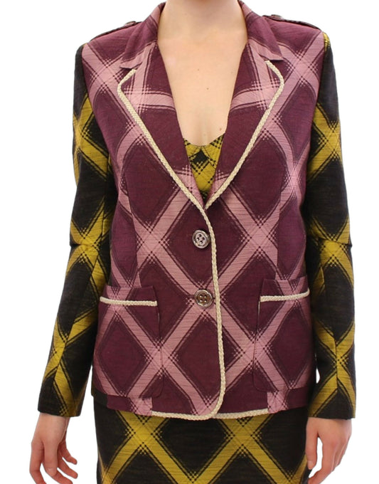House of Holland Chic Purple Checkered Jacket Blazer with Notched Lapels