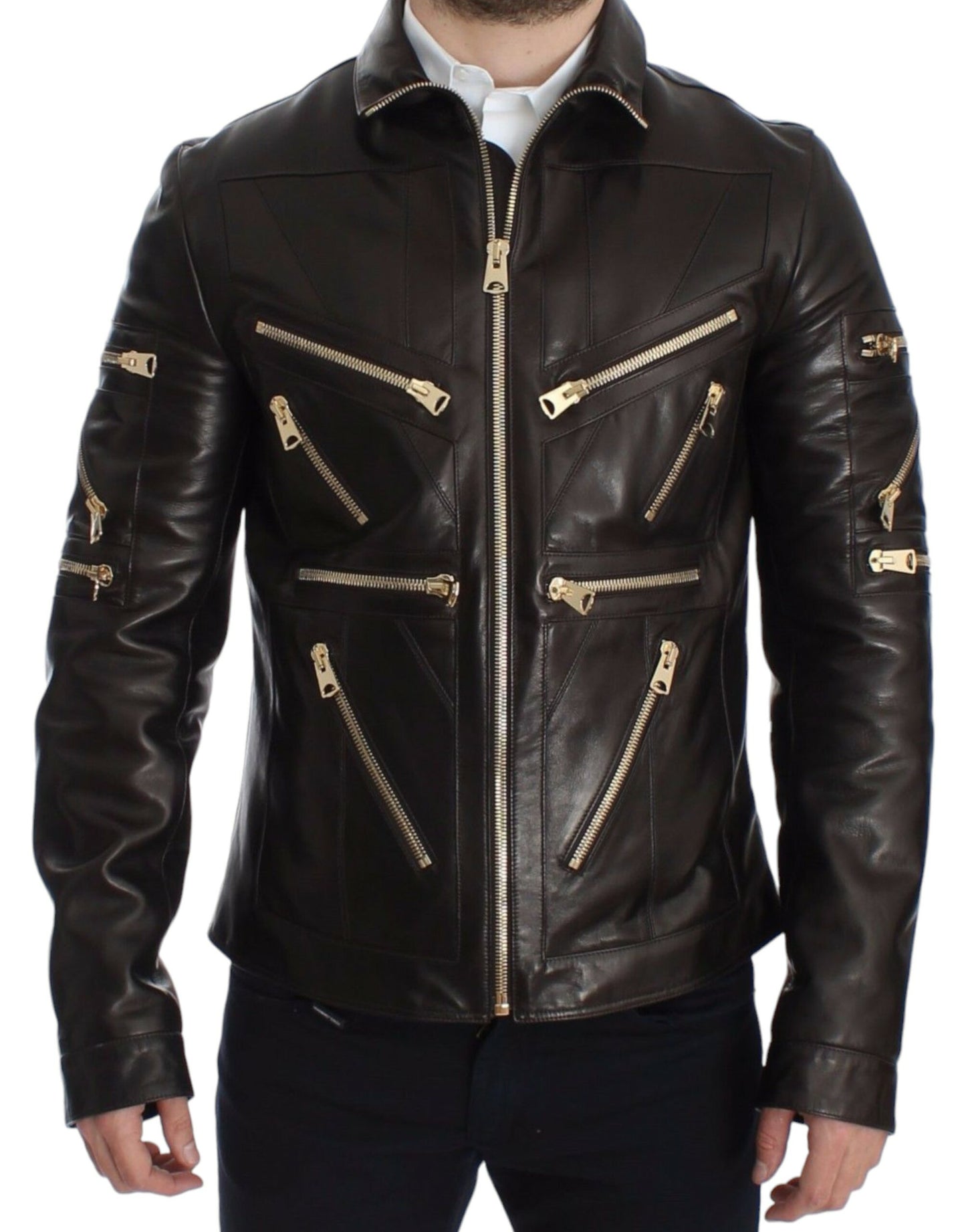 Dolce & Gabbana Elegant Brown Gold-Detailed Leather Jacket with Full Zipper Closure and Multiple Pockets
