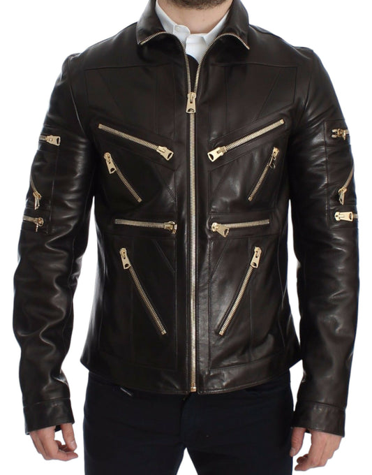 Dolce & Gabbana Elegant Brown Gold-Detailed Leather Jacket with Full Zipper Closure and Multiple Pockets