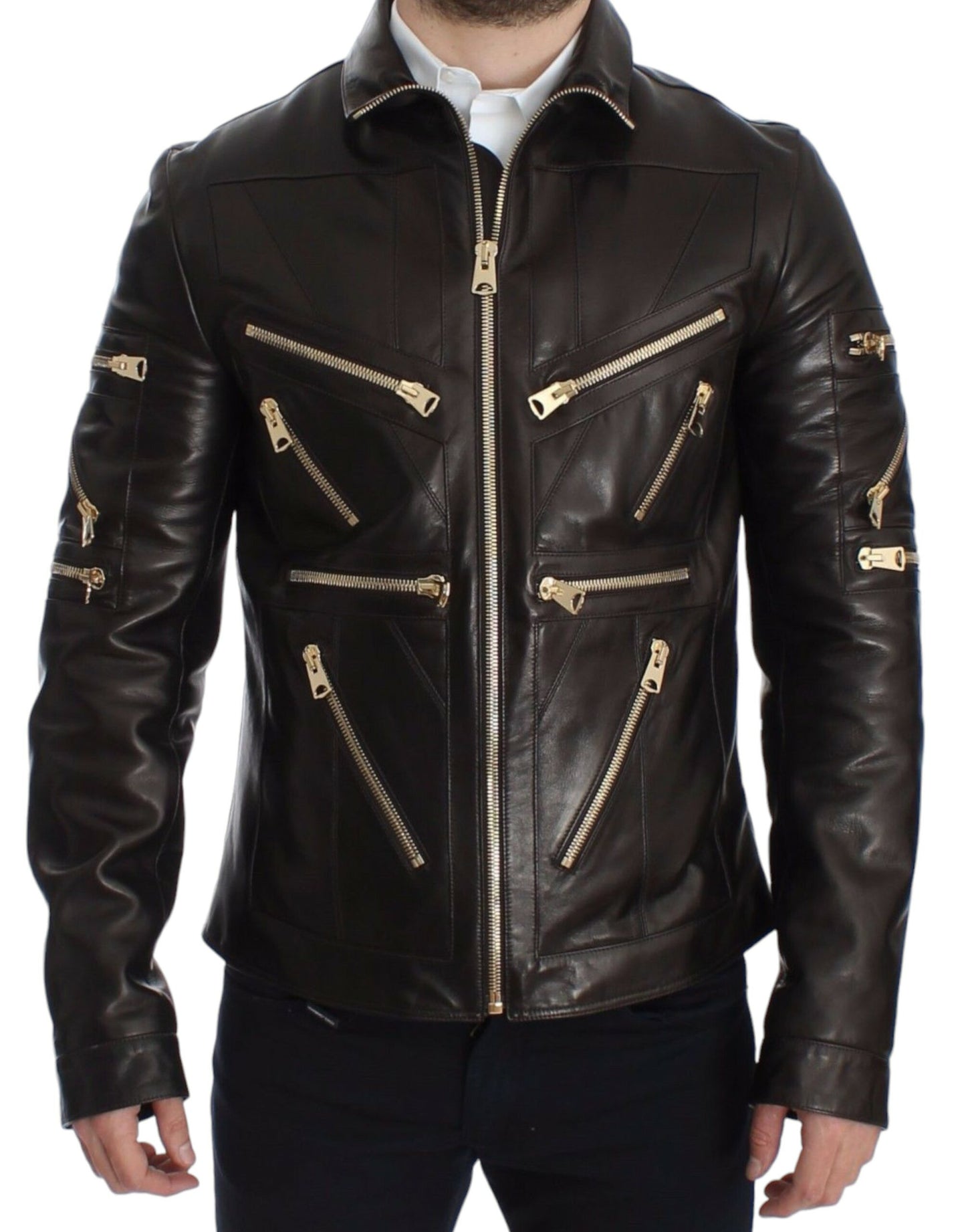 Stunning Dolce & Gabbana Jacket Tailored from Sumptuous Brown Lambskin with Exquisite Gold Metal Detailing