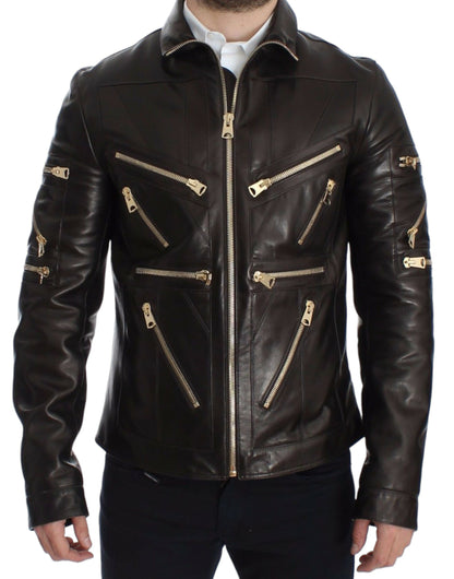 Stunning Dolce & Gabbana Jacket Tailored from Sumptuous Brown Lambskin with Exquisite Gold Metal Detailing