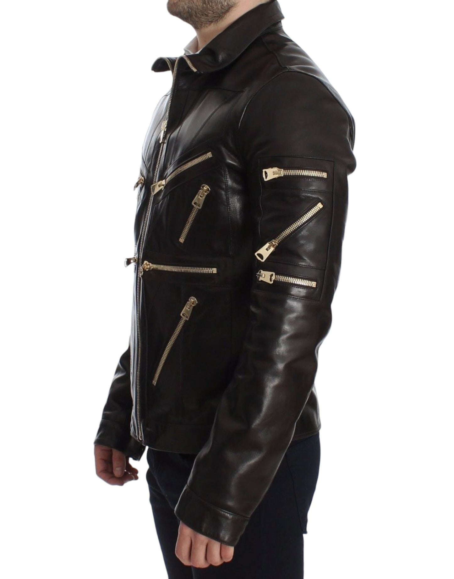 Luxurious Italian Lambskin Leather Jacket with Exquisite Gold Metal Detailing