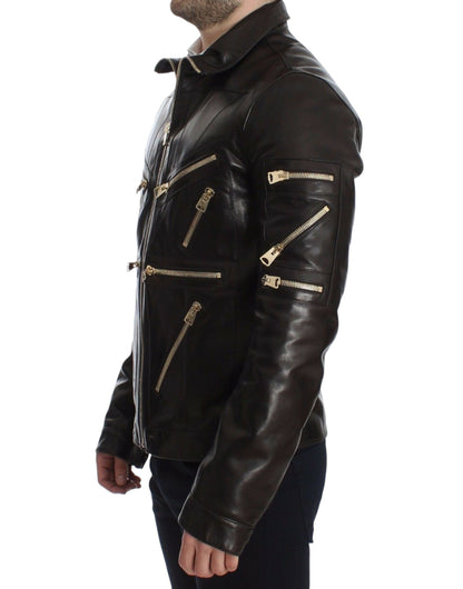 Luxurious Italian Lambskin Leather Jacket with Exquisite Gold Metal Detailing