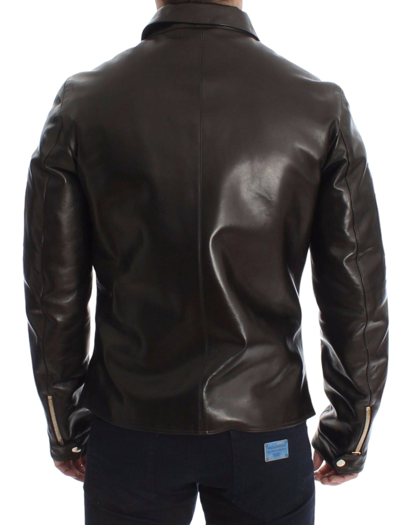 Sophisticated Brown Leather Jacket with Sleek Full Zipper Closure and Secure Zippered Pockets