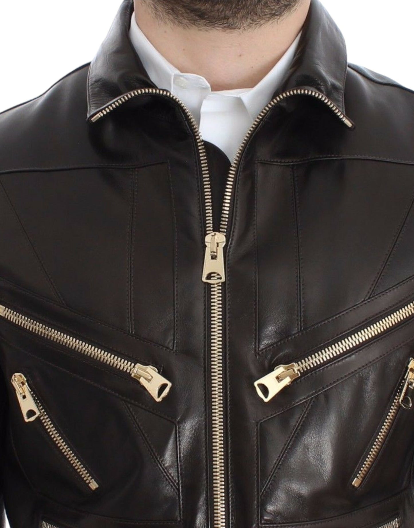 Italian Leather Jacket with Exquisite Gold Metal Detailing and Premium Comfort