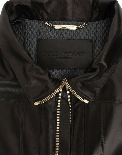 Sumptuous Brown Lambskin Leather Jacket with Exquisite Gold Metal Detailing and Impeccable Fitting