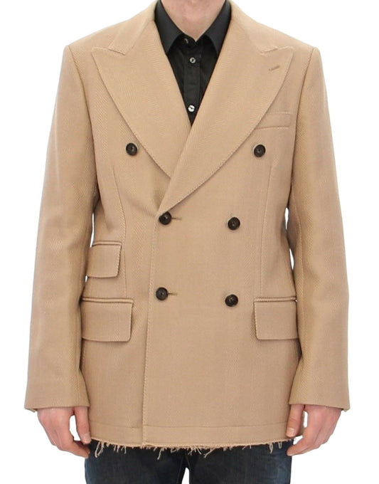 Dolce & Gabbana Elegant Beige Formal Wool Coat double breasted front view
