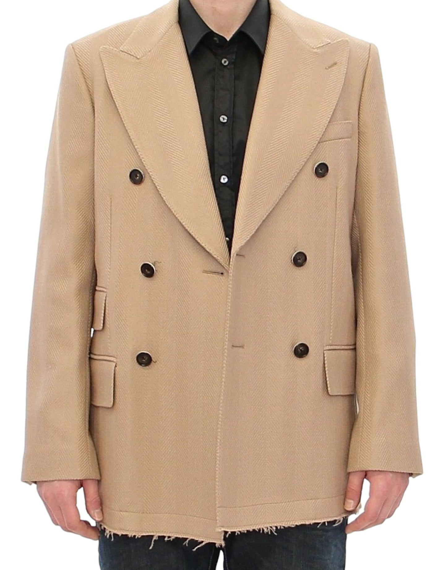 Close up of Dolce & Gabbana Elegant Beige Formal Wool Coat logo details