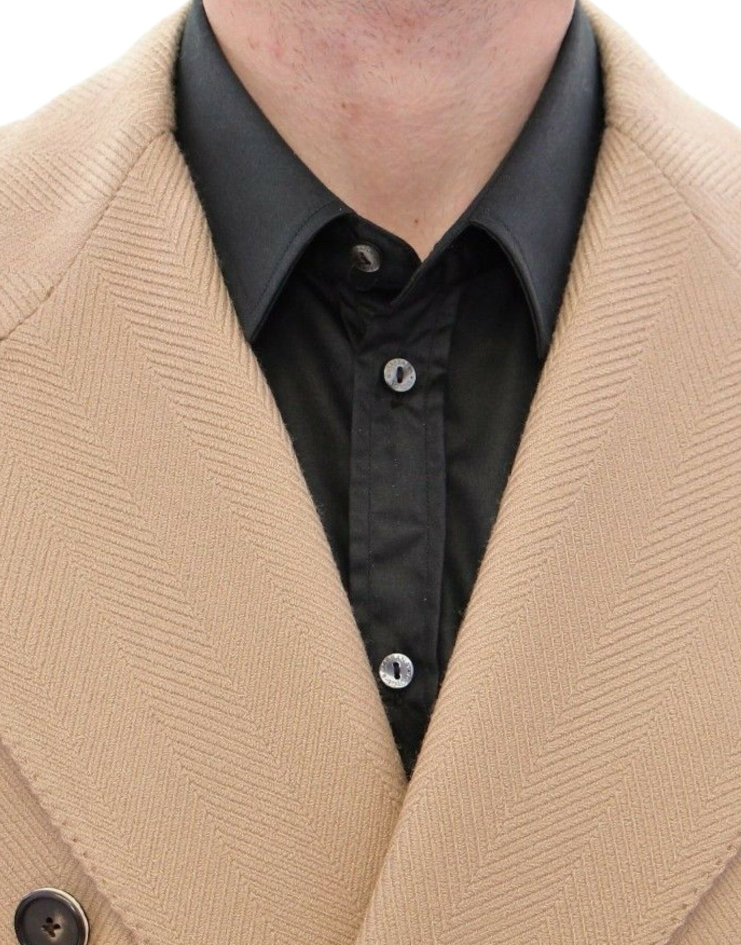 Dolce & Gabbana Elegant Beige Formal Wool Coat back view with 3-button closure