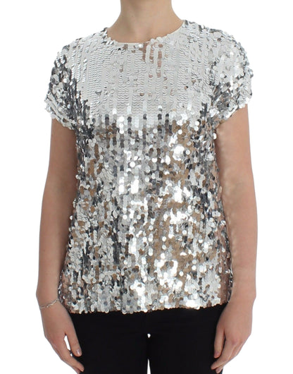 Enchanted Sicily Sequined Evening Blouse with intricate silver sequins on white backdrop