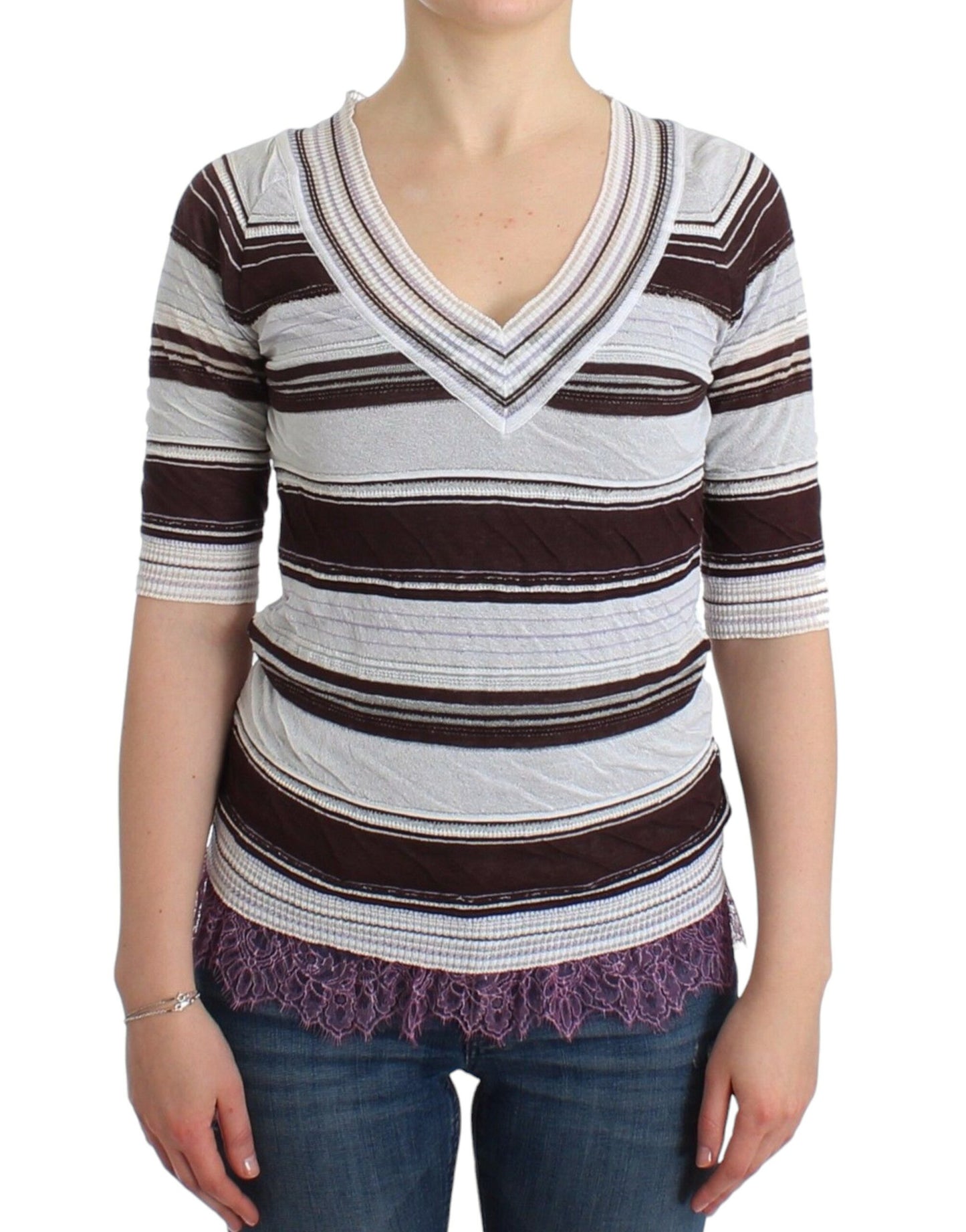 Striped V-Neck Knit Top with Lace Hem by Ermanno Scervino in Multicolor