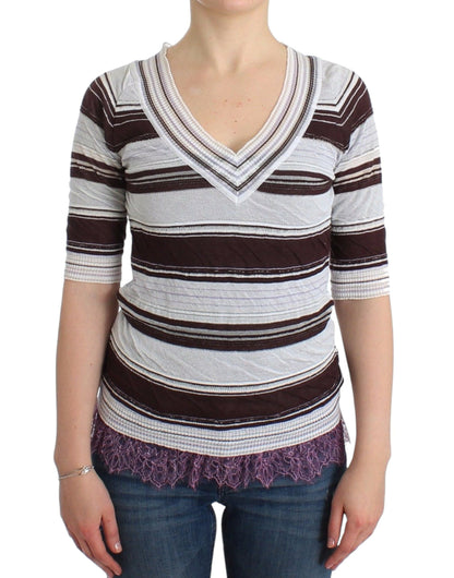 Striped V-Neck Knit Top with Lace Hem by Ermanno Scervino in Multicolor