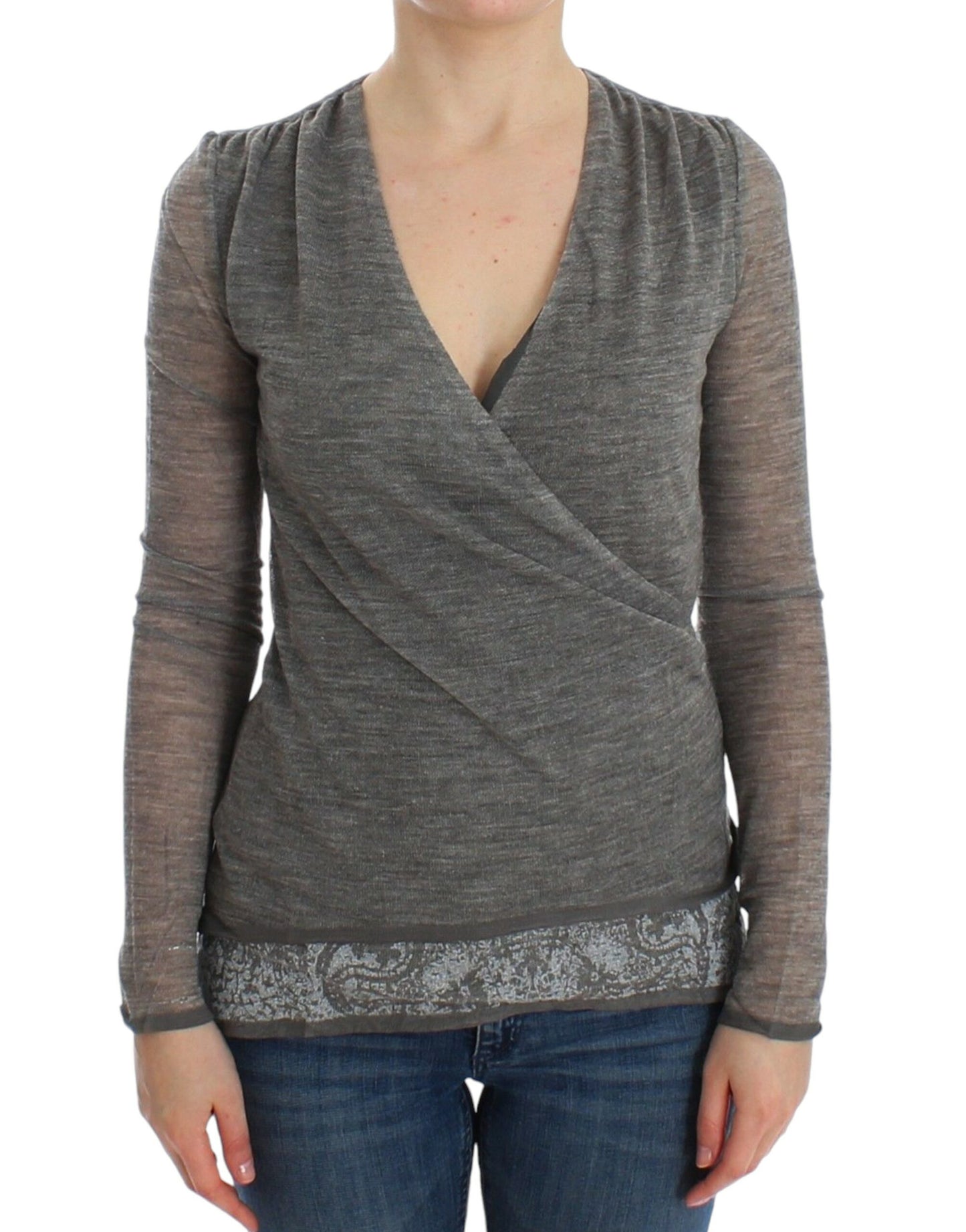 Ermanno Scervino Gray Wool Blend Deep V-neck Sweater in luxurious Italian design