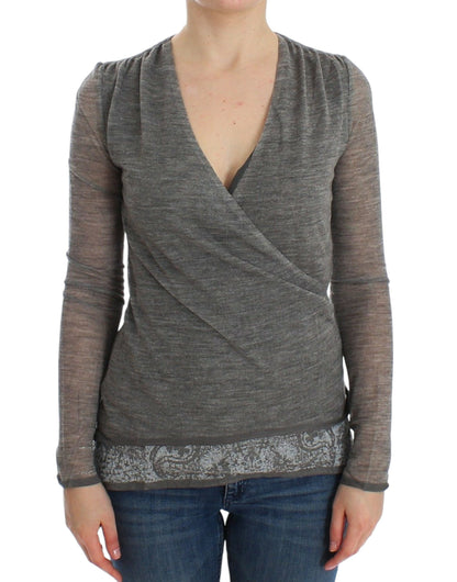 Ermanno Scervino Gray Wool Blend Deep V-neck Sweater in luxurious Italian design