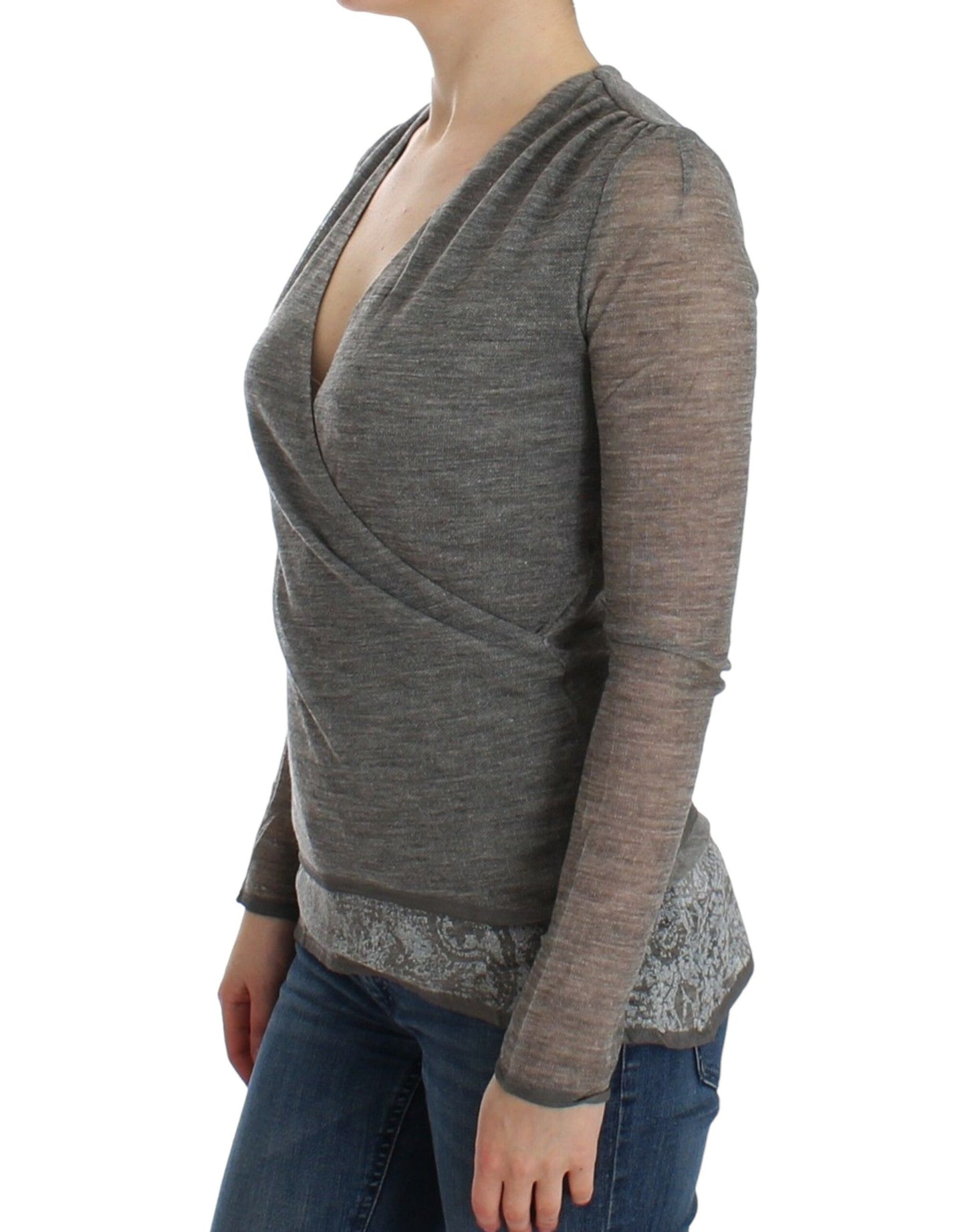 Elegant gray wool-blend sweater with attention to detail and style
