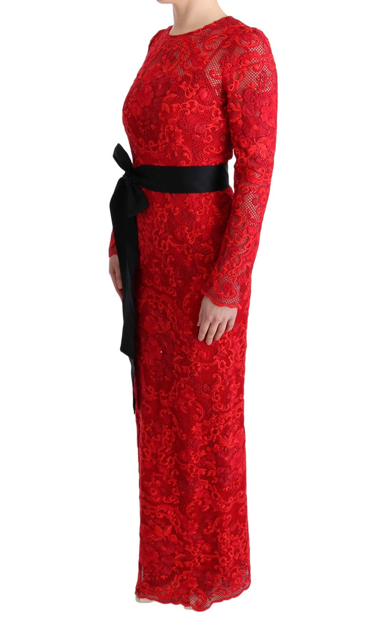 Luxurious long sleeve red sheath dress with silk bow belt