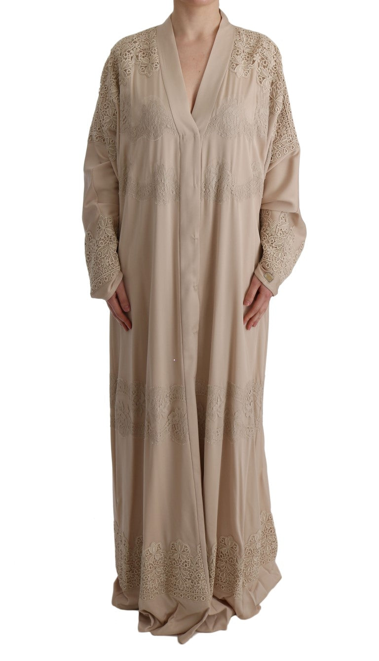 Dolce & Gabbana Elegant Beige Cape Kaftan Dress with full-button front closure and delicate floral applique ricamo