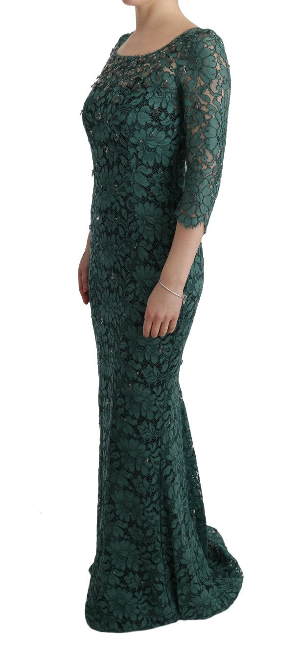 Vivid green 3/4 sleeve sheath dress with clear crystal embellishments