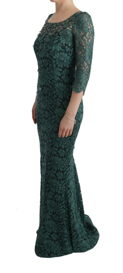 Vivid green 3/4 sleeve sheath dress with clear crystal embellishments