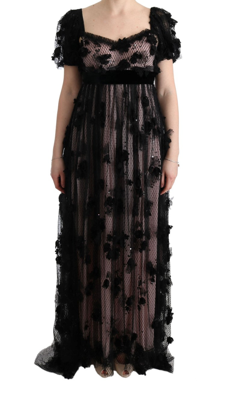 Dolce & Gabbana Elegant Floral Applique Full Length Dress in Black
