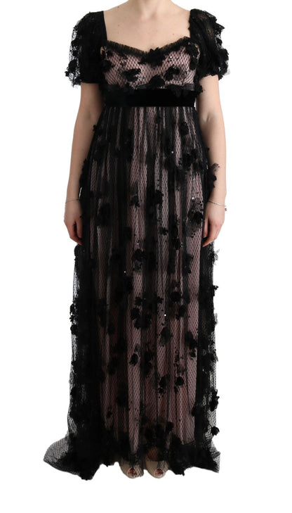 Dolce & Gabbana Elegant Floral Applique Full Length Dress in Black