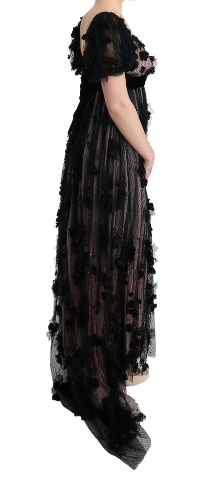 Dolce & Gabbana Elegant Floral Applique Full Length Dress in Black
