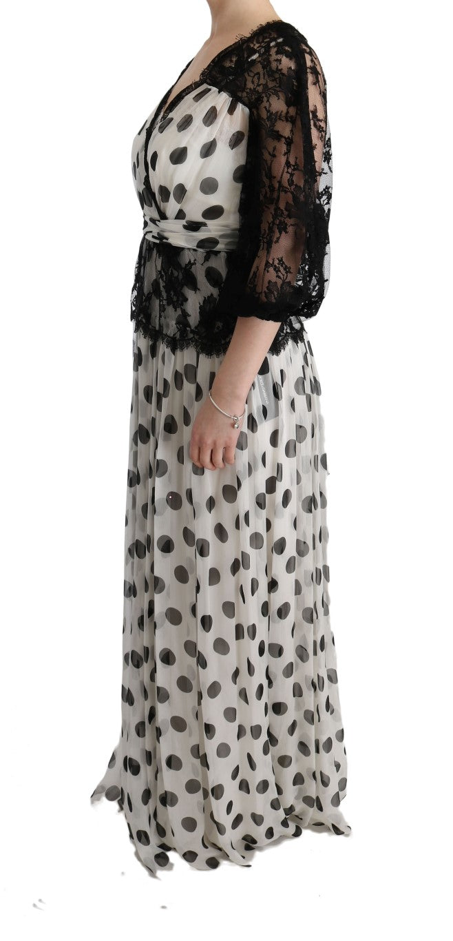 Luxurious silk-lined full-length gown with timeless polka dot design