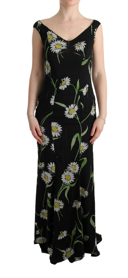 Dolce & Gabbana Sunflower Print Full Length Sheath Dress in black with white sunflower print