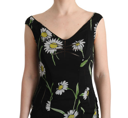 Elegant dress adorned with a stunning white sunflower print on a classic black base