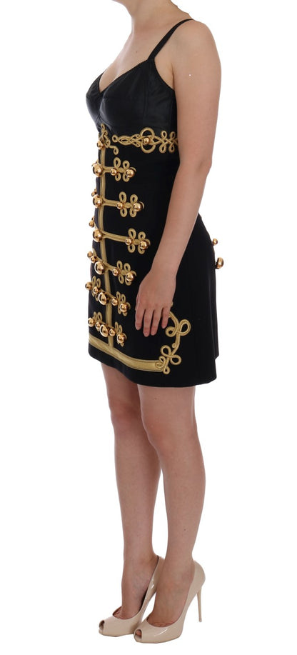 Luxurious black A-line shift dress with gold detailing