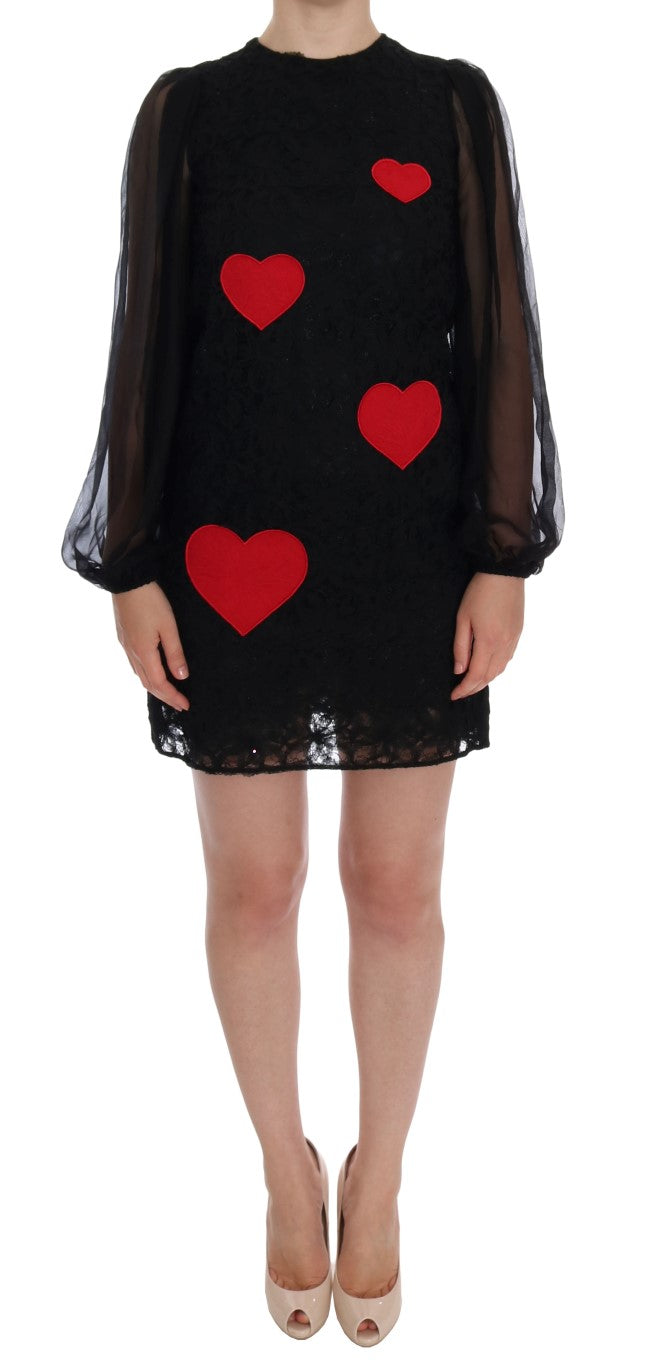 Exquisite black lace shift dress from Dolce & Gabbana with red heart applique