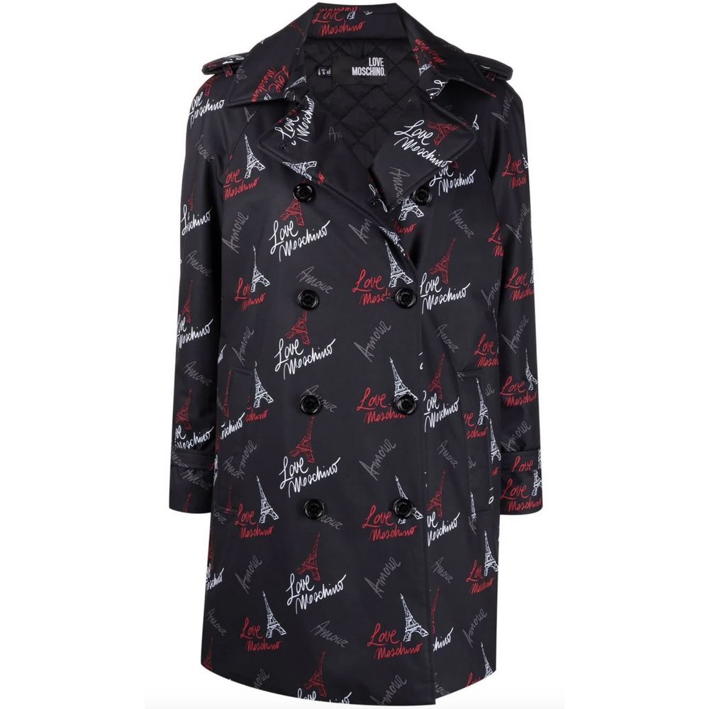 Black Love Moschino Polyester Women Coat with Button Closure and 2 Pockets