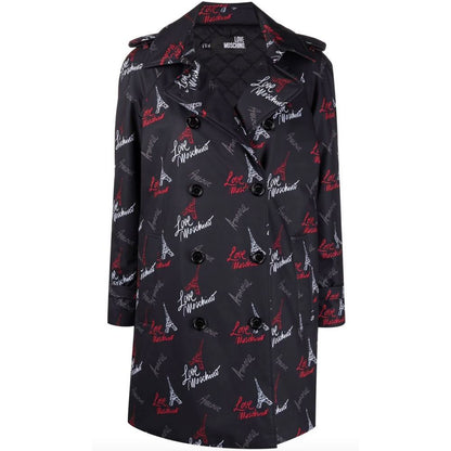 Black Love Moschino Polyester Women Coat with Button Closure and 2 Pockets