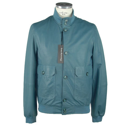 Exquisite Emilio Romanelli Elegant Petrol Blue Leather Jacket with 2 pockets and button closure